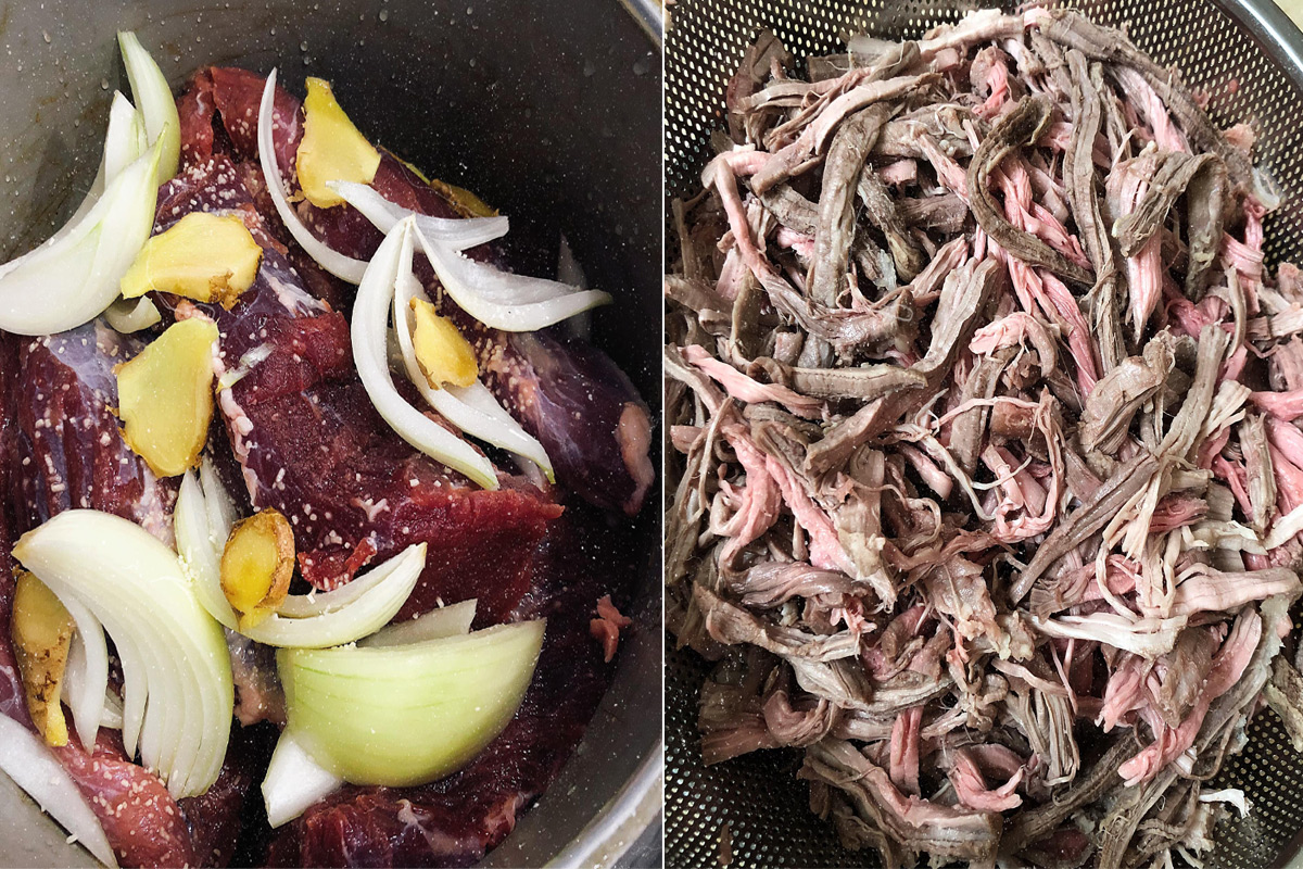 Luộc bò sơ để nguội và xé sợi